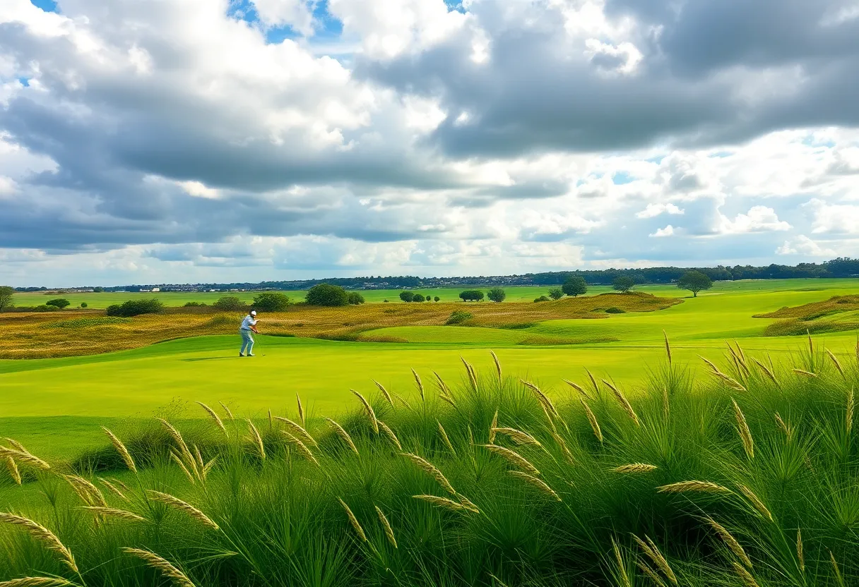 View of a golf course during a championship event with competitors under strong winds.