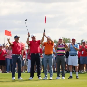 Golfer celebrating a successful hole-in-one at a charity golf tournament.