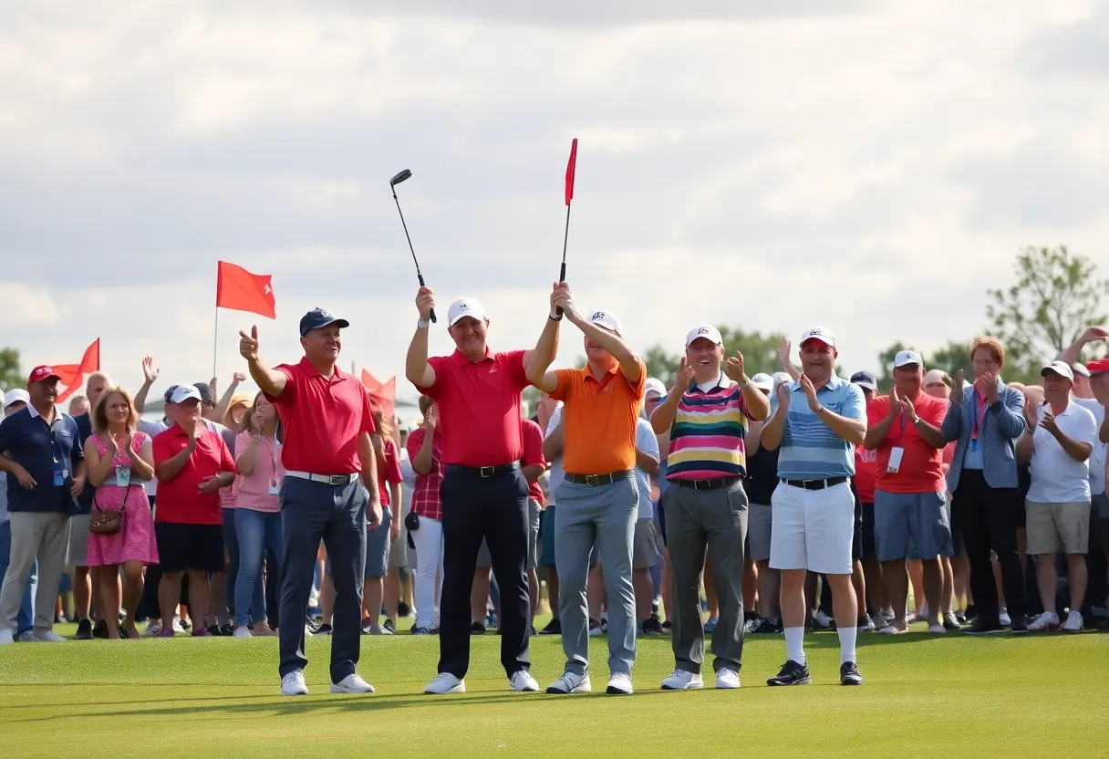 Golfer celebrating a successful hole-in-one at a charity golf tournament.