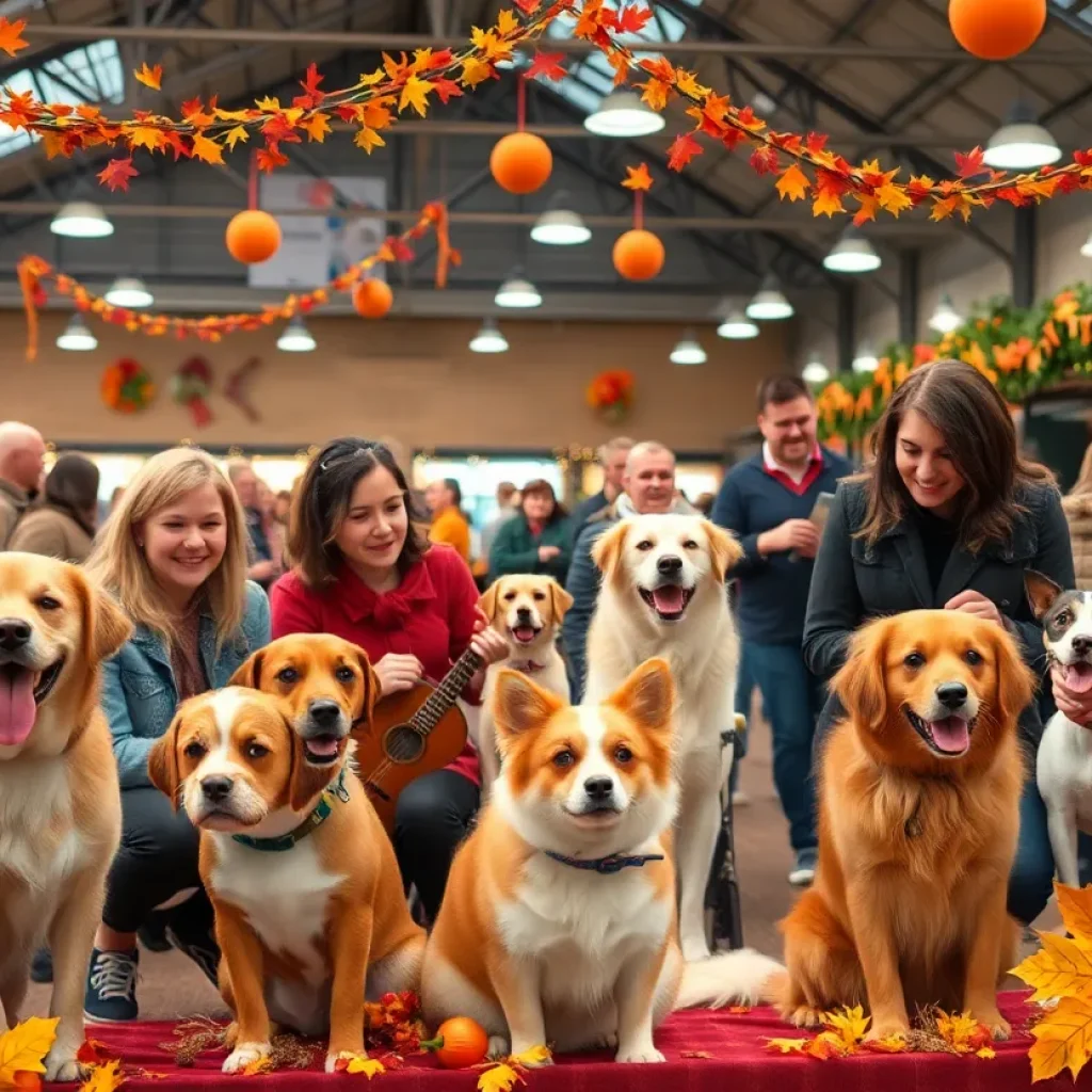 Families engaging with pets at an autumn-themed adoption event
