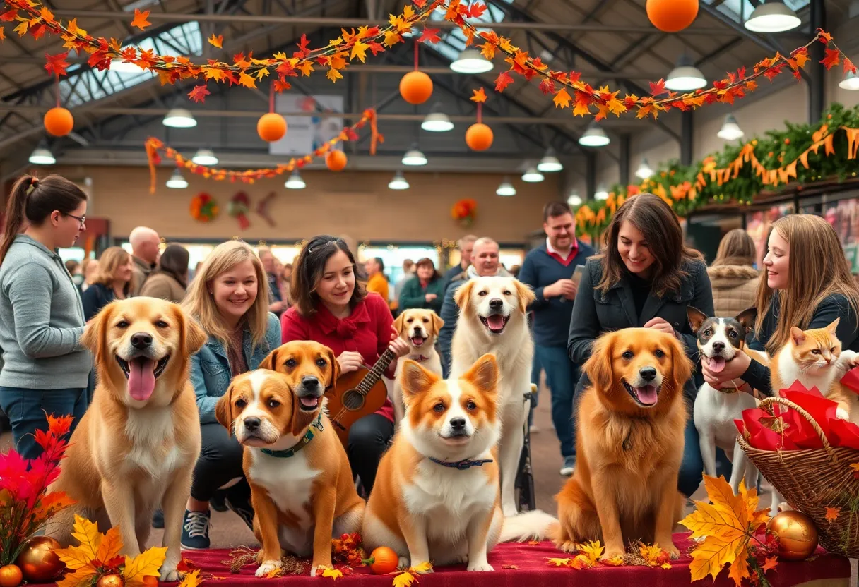 Families engaging with pets at an autumn-themed adoption event