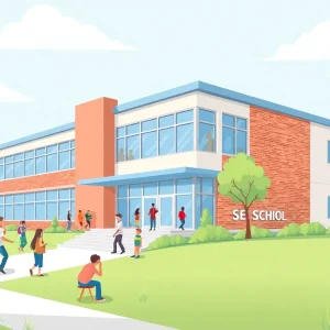 Rendering of Harmony High School showcasing its modern architecture and vibrant student activities.