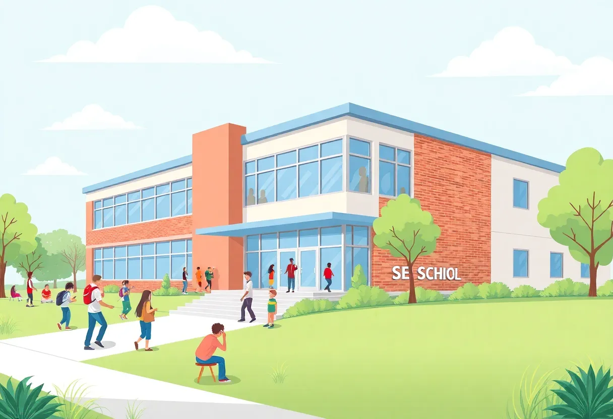 Rendering of Harmony High School showcasing its modern architecture and vibrant student activities.