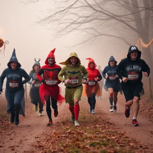 Participants in spooky costumes running through a foggy trail during the Haunted 5K.