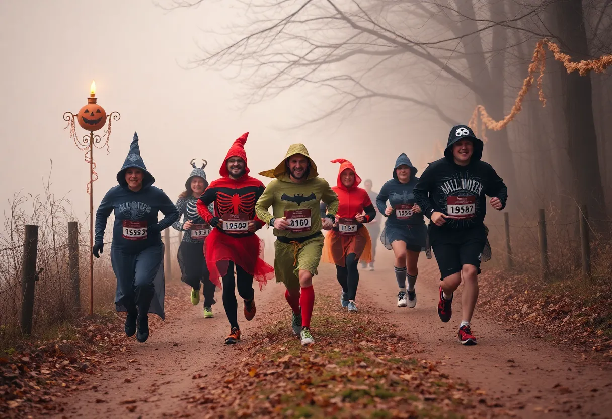 Participants in spooky costumes running through a foggy trail during the Haunted 5K.
