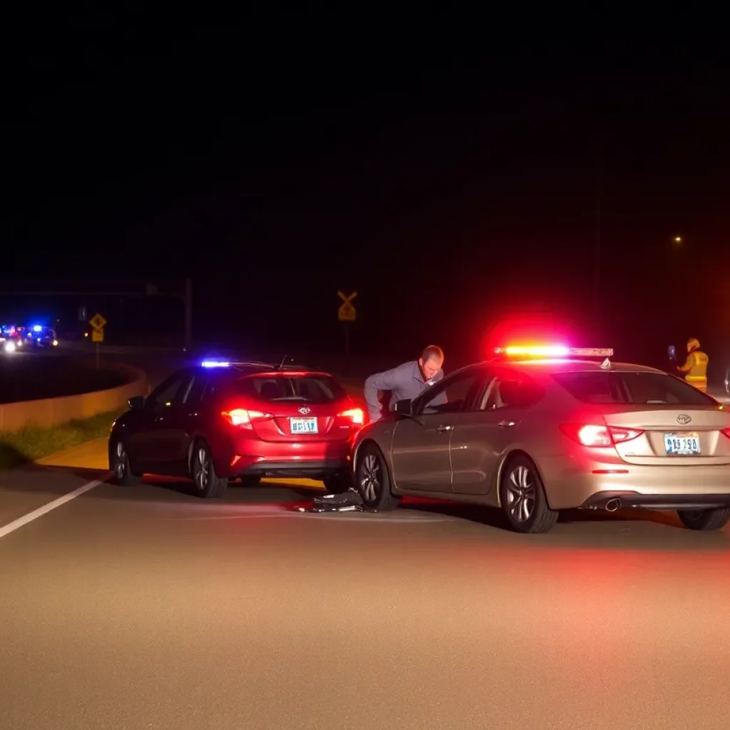 Emergency responders at a highway collision scene at night