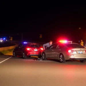 Emergency responders at a highway collision scene at night