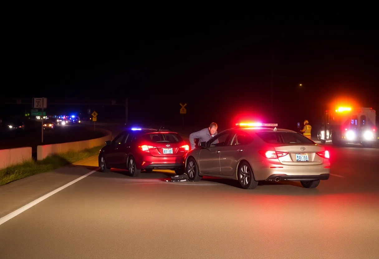 Emergency responders at a highway collision scene at night