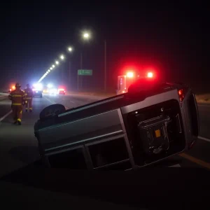 Site of a fatal single-vehicle accident on I-35 near Purcell at night