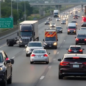 Traffic on I-35 in Oklahoma City after a multi-vehicle crash with emergency services present.