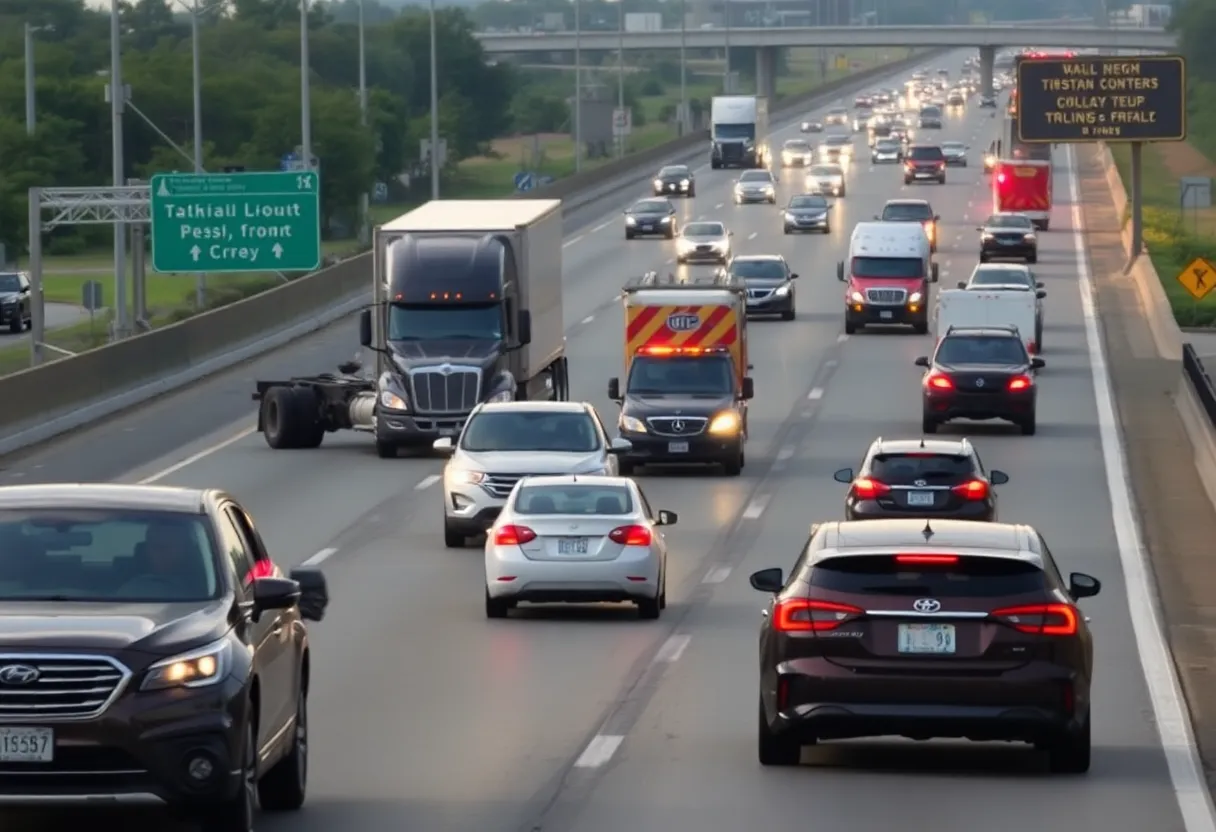 Traffic on I-35 in Oklahoma City after a multi-vehicle crash with emergency services present.