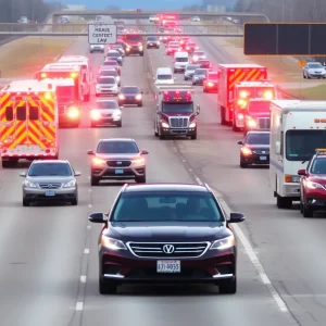 Traffic on I-40 eastbound with emergency services at the scene of a crash near Yukon, Oklahoma.