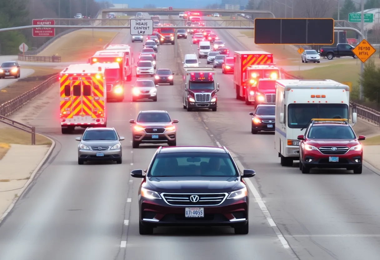 Traffic on I-40 eastbound with emergency services at the scene of a crash near Yukon, Oklahoma.