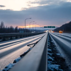 Empty I-40 highway scene with guardrail, depicting accident aftermath