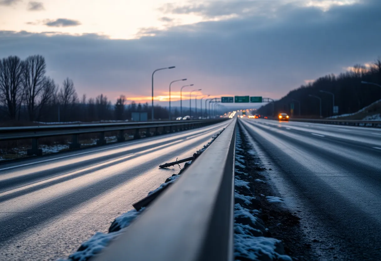 Empty I-40 highway scene with guardrail, depicting accident aftermath