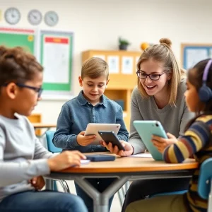 Classroom scene with special education students using assistive technologies