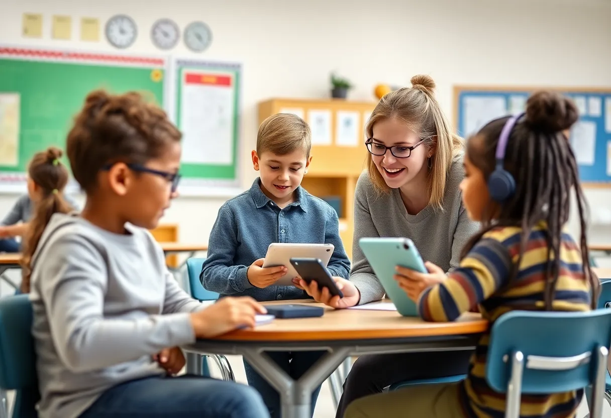 Classroom scene with special education students using assistive technologies
