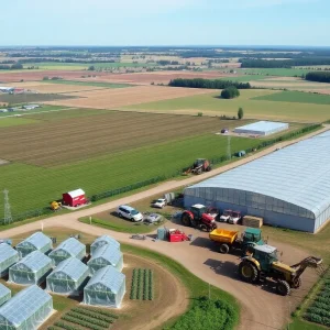 500-acre Jarrett Farms landscape featuring greenhouses and crops.