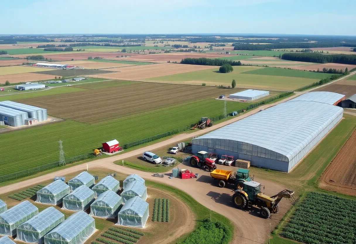 500-acre Jarrett Farms landscape featuring greenhouses and crops.