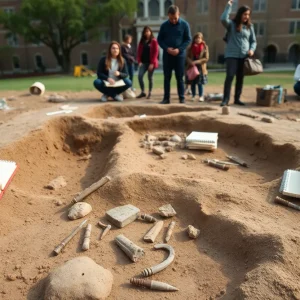 Artifacts from the Oklahoma Land Rush era displayed at an archaeological site.