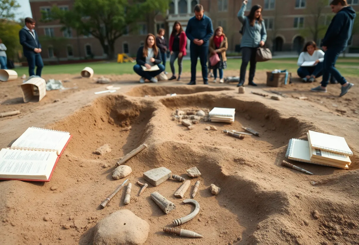 Artifacts from the Oklahoma Land Rush era displayed at an archaeological site.