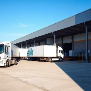 Construction of the Lawton logistics center with warehouse space and trucks.