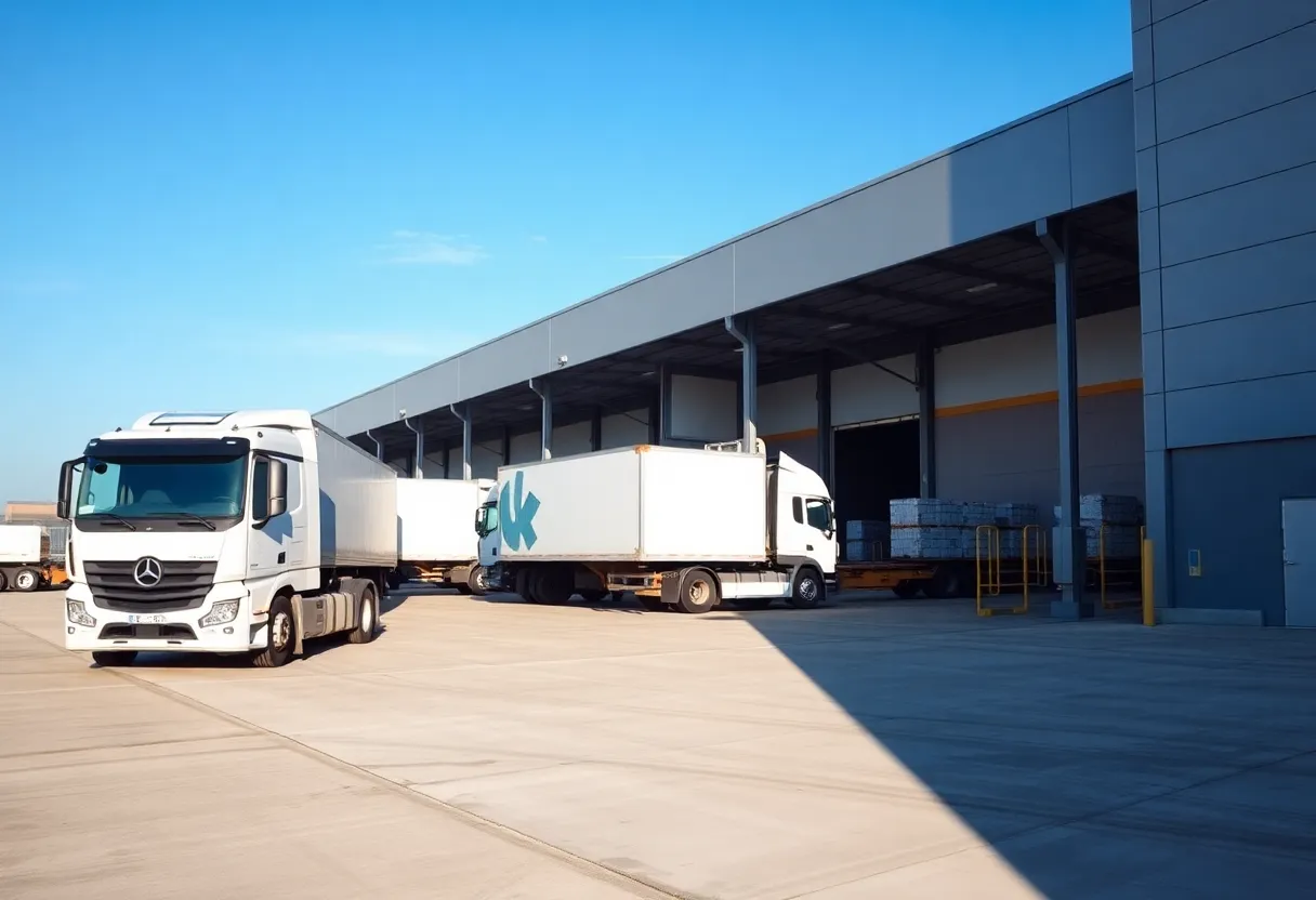 Construction of the Lawton logistics center with warehouse space and trucks.
