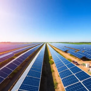 Construction of a solar farm in Lawton, Oklahoma with solar panels and machinery.