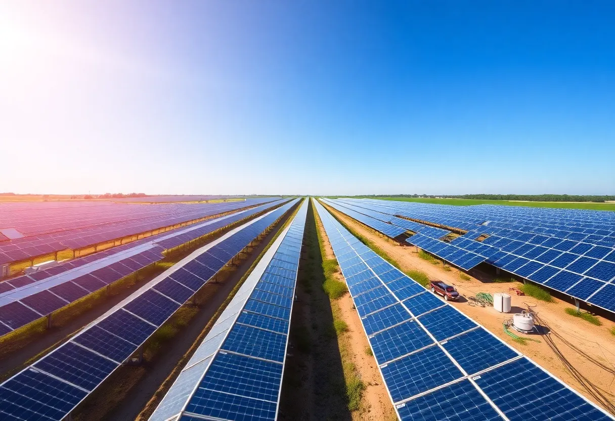 Construction of a solar farm in Lawton, Oklahoma with solar panels and machinery.