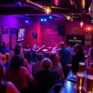 Local musician performing live at a bar with a lively crowd