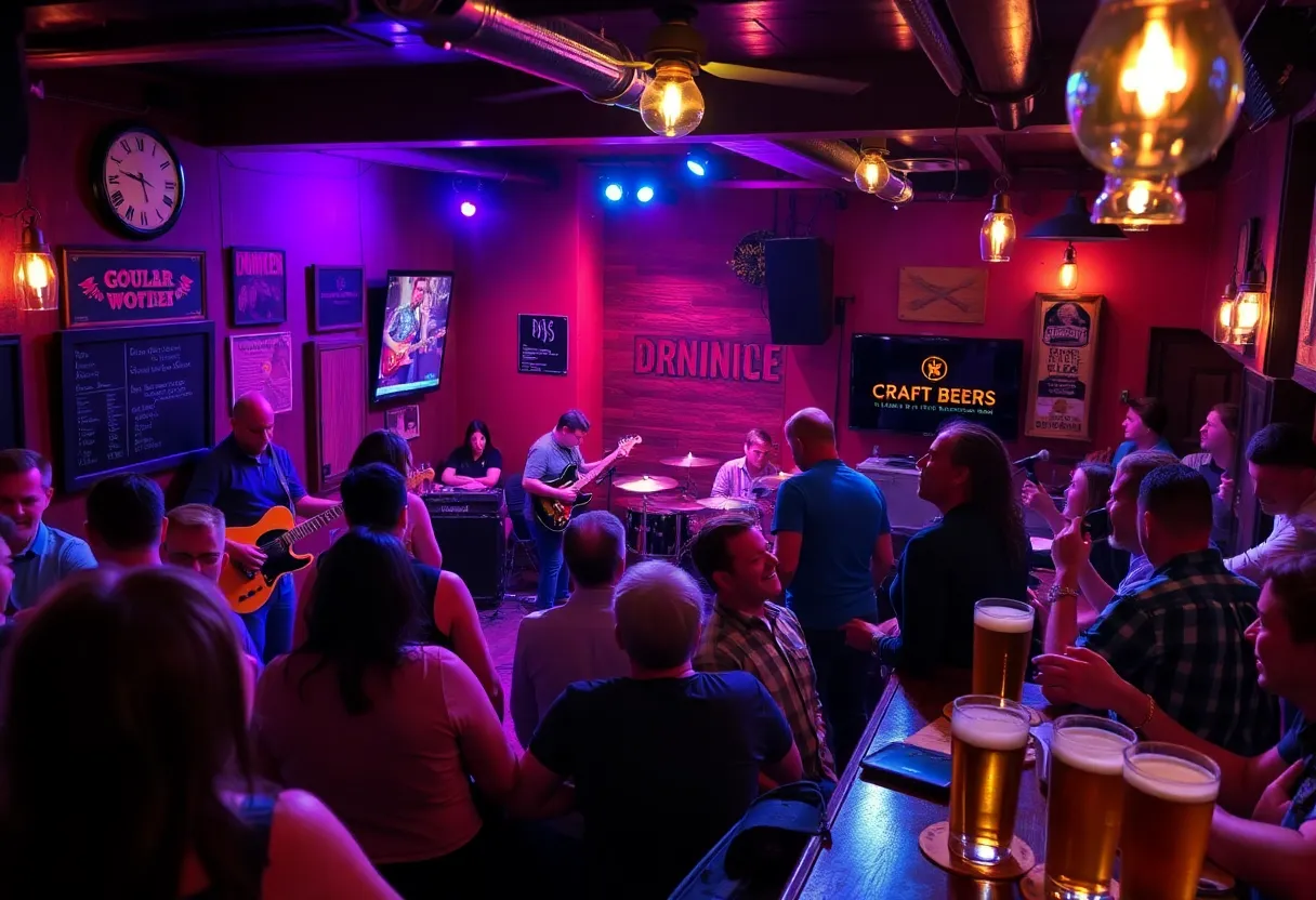 Local musician performing live at a bar with a lively crowd