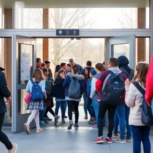 Metal detector at a school entrance with students and parents.