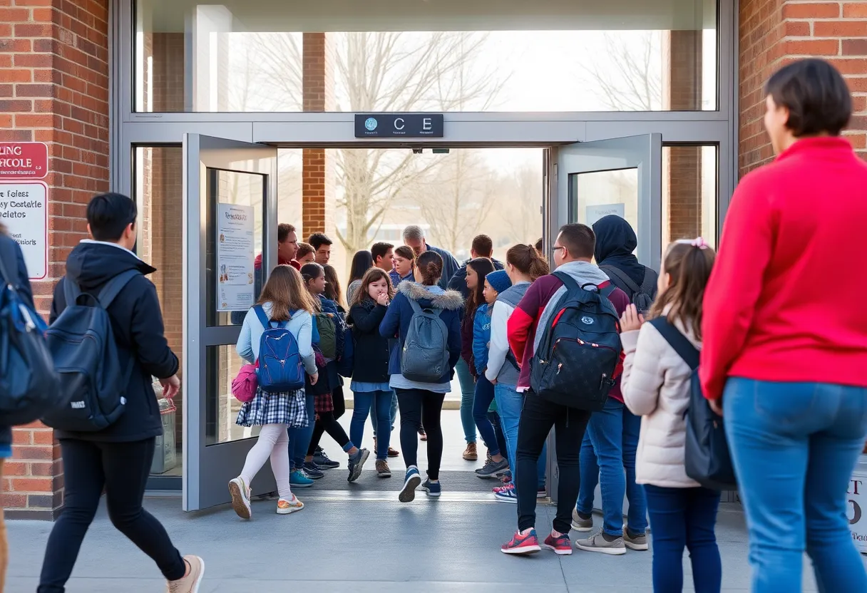Metal detector at a school entrance with students and parents.