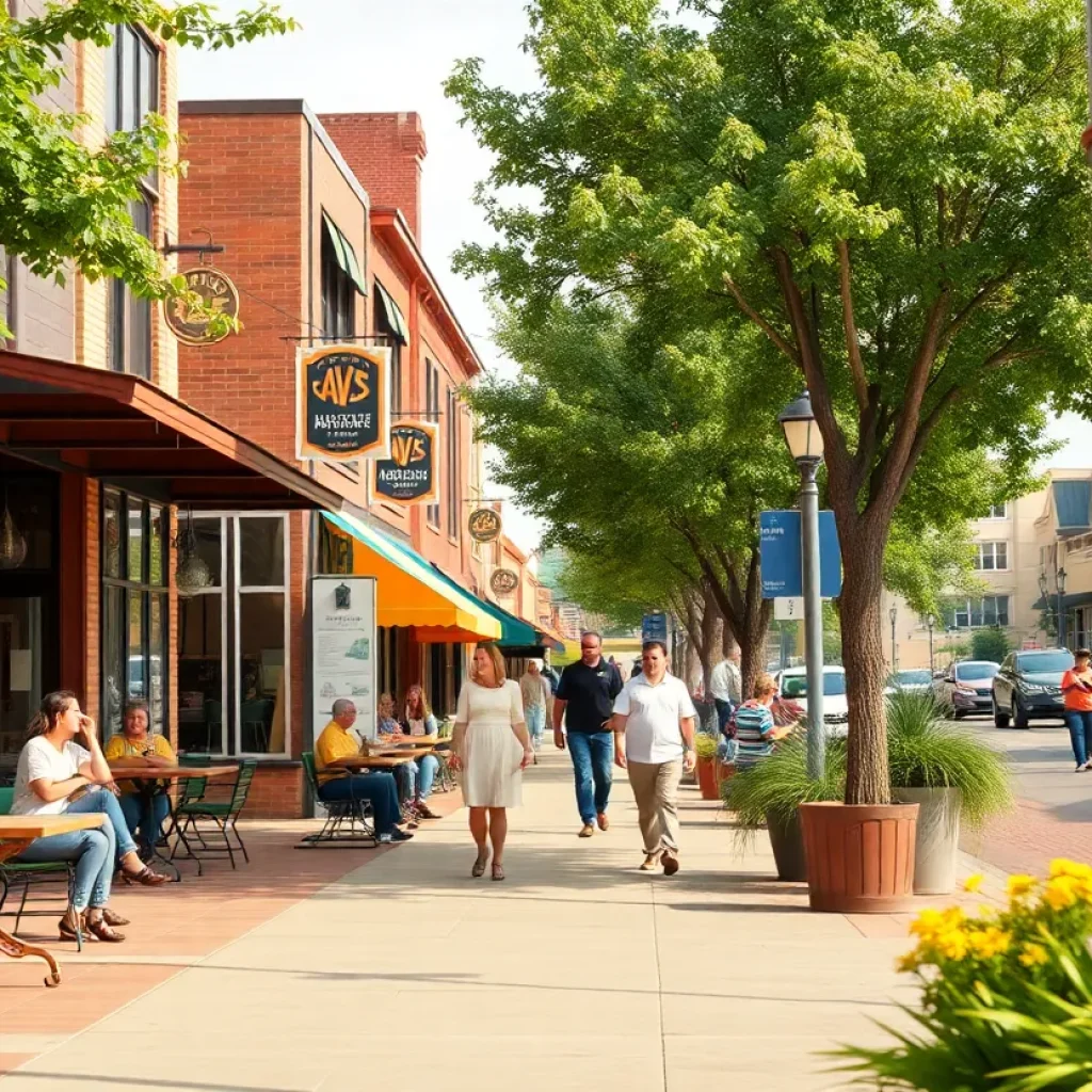 A vibrant community atmosphere in Oklahoma City's Midtown district with cafes and artisan shops.