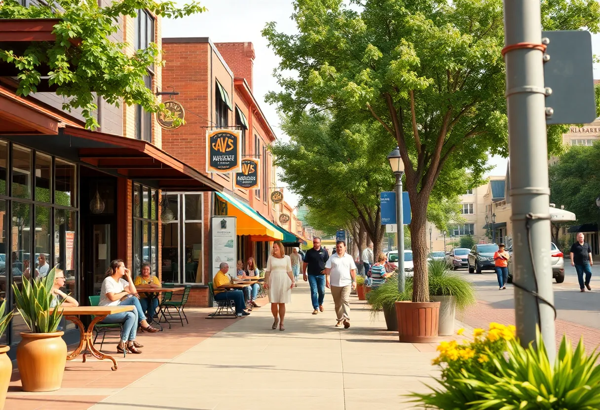 A vibrant community atmosphere in Oklahoma City's Midtown district with cafes and artisan shops.