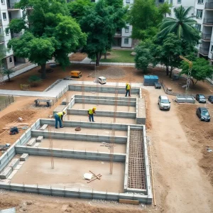 Construction workers at the groundbreaking of the 200-unit affordable housing project in Midwest City.