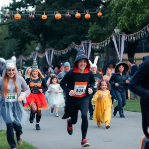 Participants in costumes running during the haunted race at Joe B. Barnes Regional Park