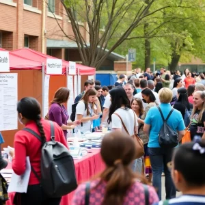 A lively scene from the Midwest City Health Fair showcasing various health booths and attendees.