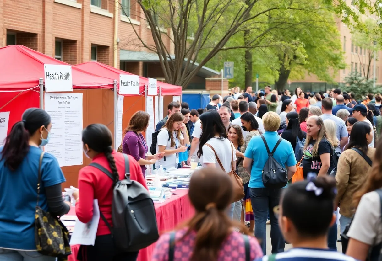 A lively scene from the Midwest City Health Fair showcasing various health booths and attendees.