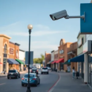 Retail street in Midwest City with added security features.