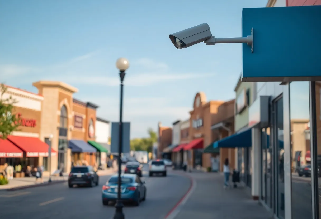 Retail street in Midwest City with added security features.