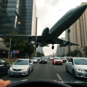 Military plane skimming low over cars during takeoff in Oklahoma City
