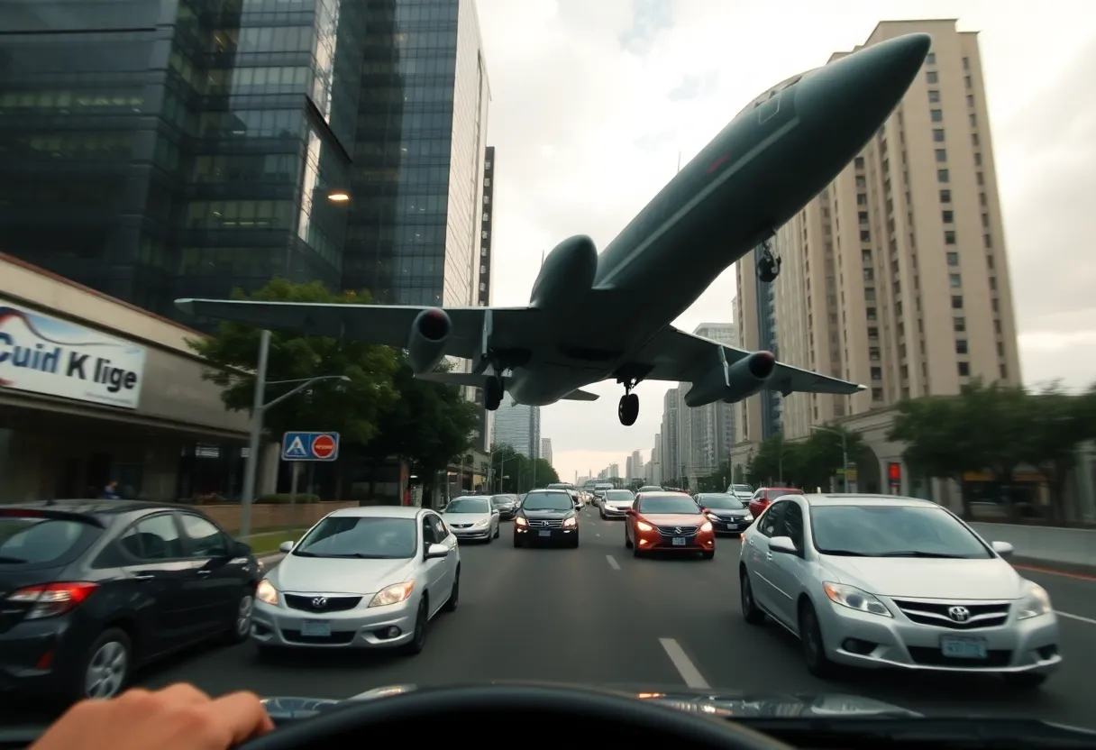 Military plane skimming low over cars during takeoff in Oklahoma City