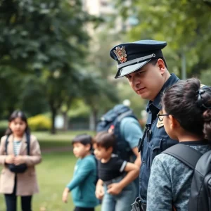Police officer searching a park in Oklahoma City for a missing child