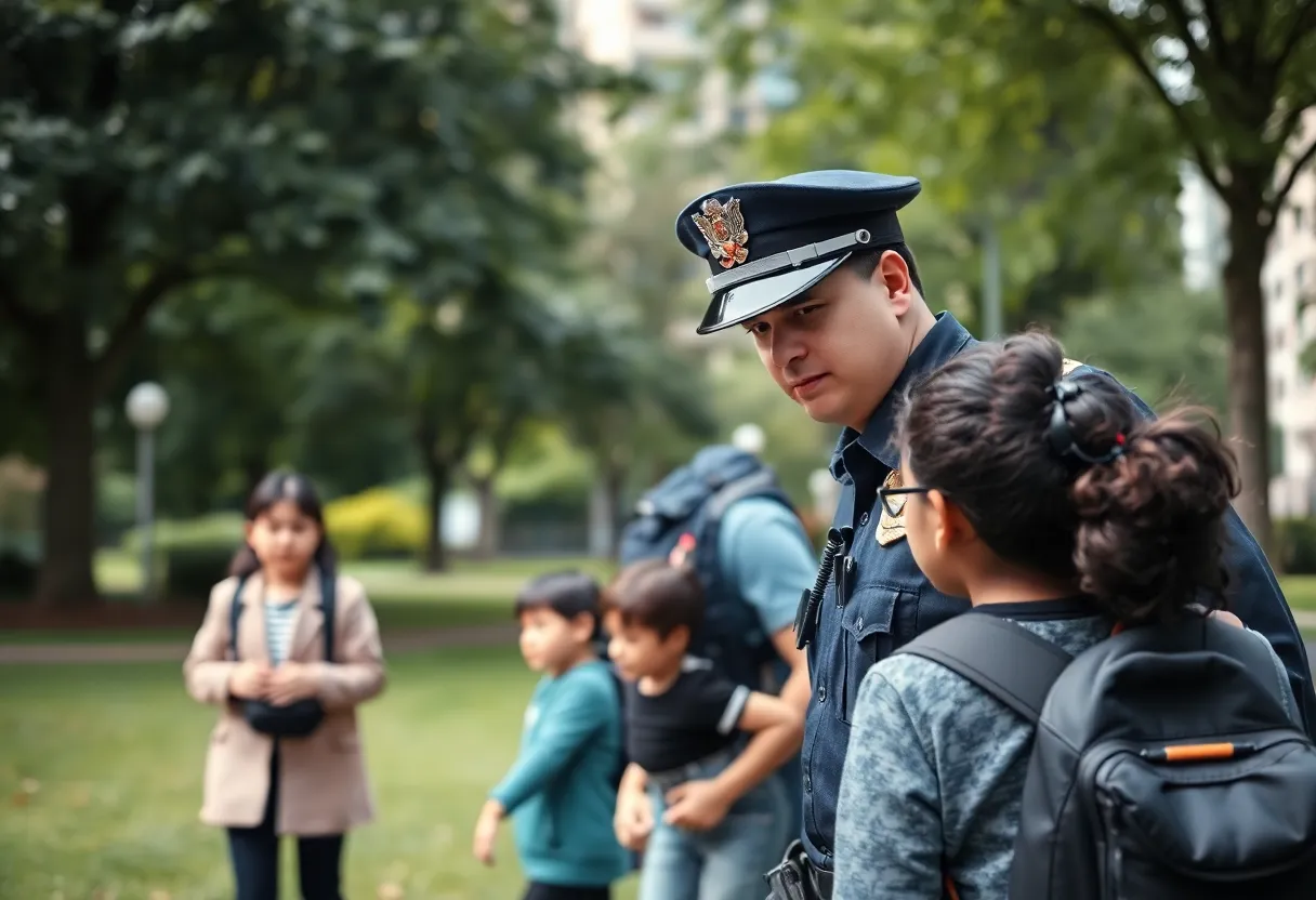 Police officer searching a park in Oklahoma City for a missing child