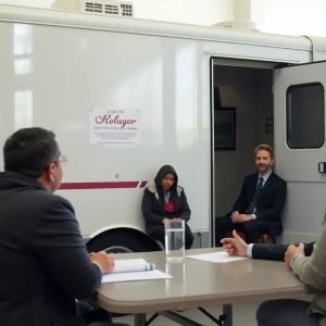 Attorneys assisting homeless individuals during a mobile court session.