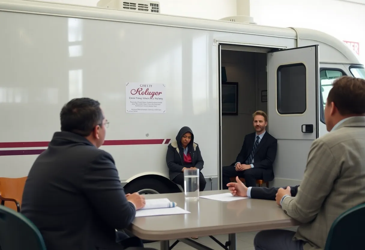 Attorneys assisting homeless individuals during a mobile court session.