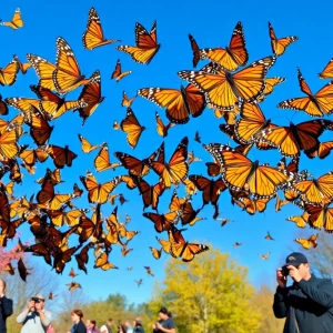 Vibrant Monarch butterflies fluttering in a park in Oklahoma City during their migration