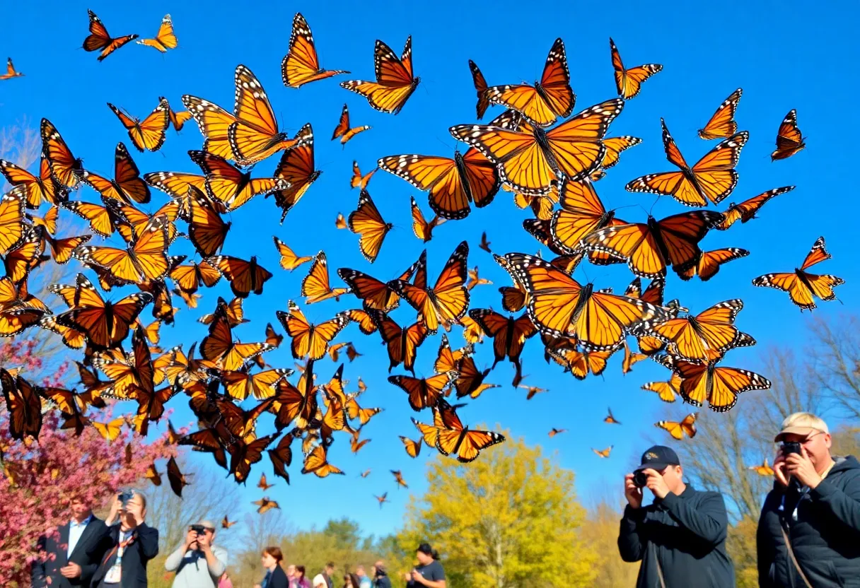 Vibrant Monarch butterflies fluttering in a park in Oklahoma City during their migration