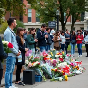 Flower tributes on a university campus during a time of mourning